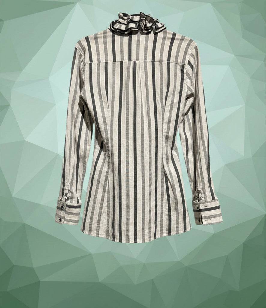 Catania fekete-fehér csíkos fodros hosszú ujjú nõi blúz
