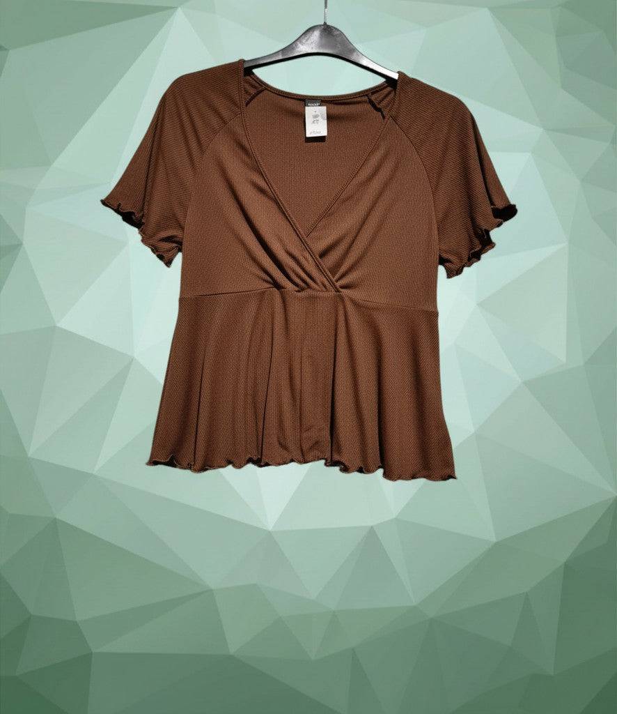 Shein barna átlapolt peplum rövid ujjú nõi felsõ